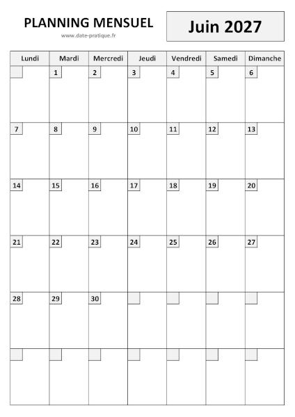 Planning pour le mois de Juin 2027 à imprimer au format A4 portrait.