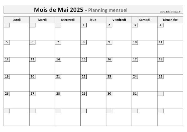 Planning pour le mois de Mai 2025 à imprimer au format A4 paysage.