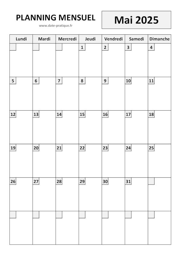 Planning pour le mois de Mai 2025 à imprimer au format A4 portrait.