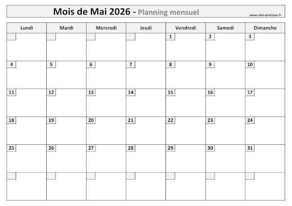 Calendrier mensuel vierge pour le mois de Mai 2026 à imprimer au format A4 paysage.