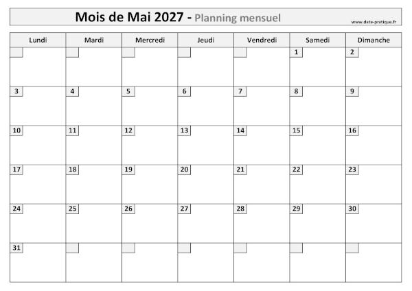 Calendrier mensuel vierge pour le mois de Mai 2027 à imprimer au format A4 paysage.