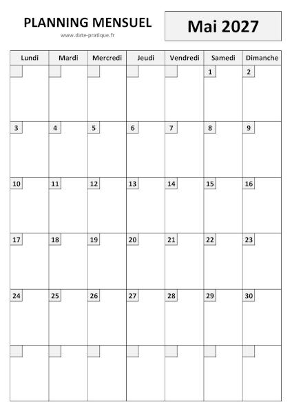 Planning pour le mois de Mai 2027 à imprimer au format A4 portrait.