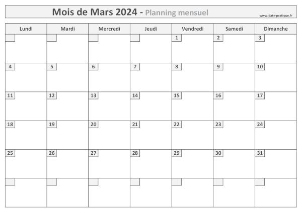 Planning pour le mois de Mars 2024 à imprimer au format A4 paysage.