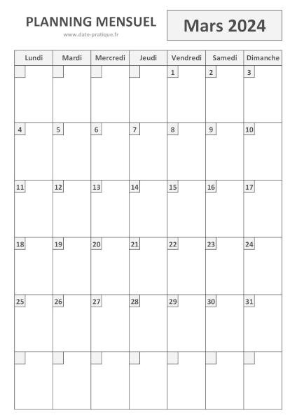 Planning pour le mois de Mars 2024 à imprimer au format A4 portrait.