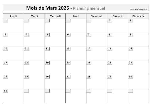 Planning pour le mois de Mars 2025 à imprimer au format A4 paysage.