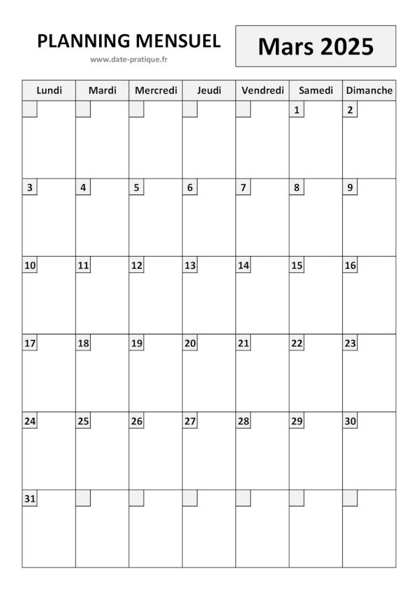 Planning pour le mois de Mars 2025 à imprimer au format A4 portrait.