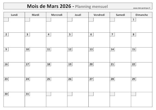 Calendrier mensuel vierge pour le mois de Mars 2026 à imprimer au format A4 paysage.