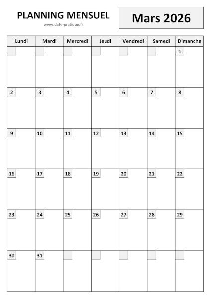 Planning Mars 2026 à imprimer au format A4 portrait, pratique et clair.