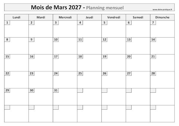 Calendrier mensuel vierge pour le mois de Mars 2027 à imprimer au format A4 paysage.