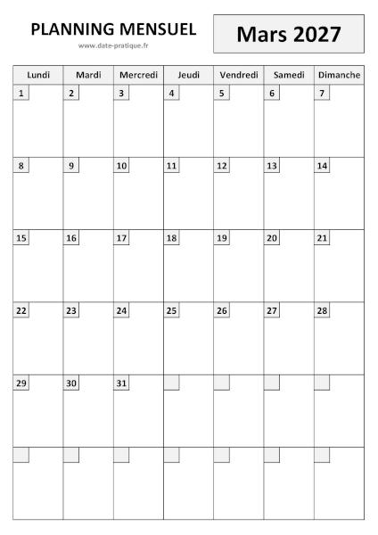 Planning pour le mois de Mars 2027 à imprimer au format A4 portrait.