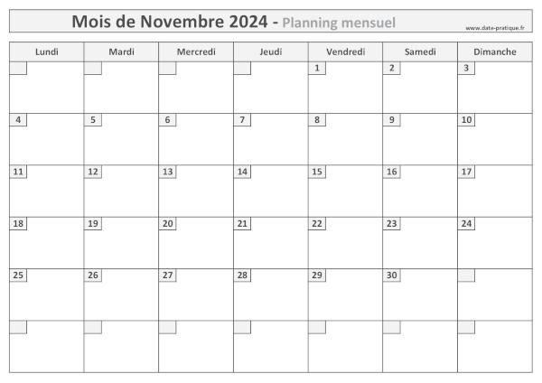 Planning pour le mois de Novembre 2024 à imprimer au format A4 paysage.