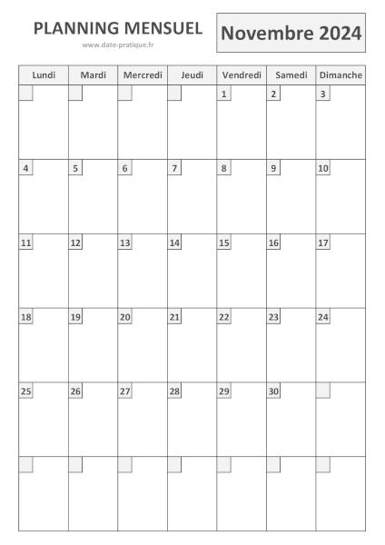 Planning pour le mois de Novembre 2024 à imprimer au format A4 portrait.