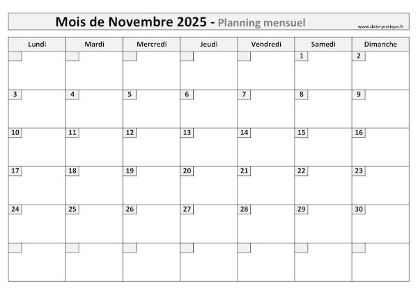 Planning pour le mois de Novembre 2025 à imprimer au format A4 paysage.