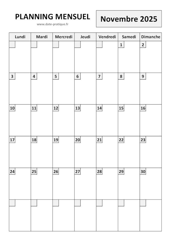 Planning pour le mois de Novembre 2025 à imprimer au format A4 portrait.