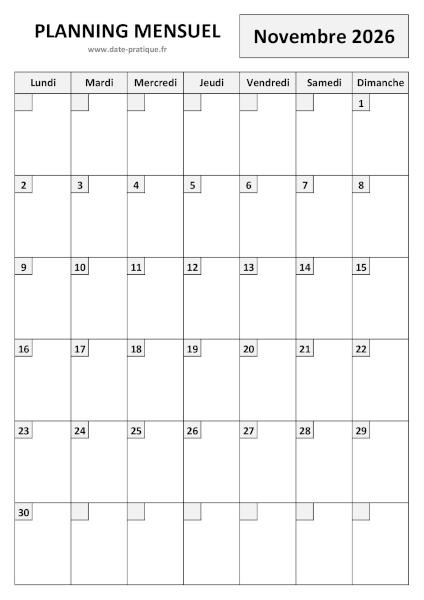 Planning Novembre 2026 à imprimer au format A4 portrait, pratique et clair.