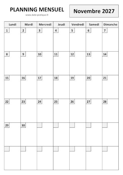 Planning pour le mois de Novembre 2027 à imprimer au format A4 portrait.