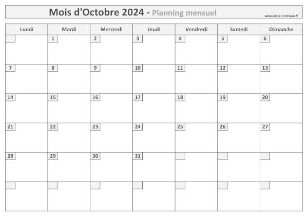Planning pour le mois d'Octobre 2024 à imprimer au format A4 paysage.