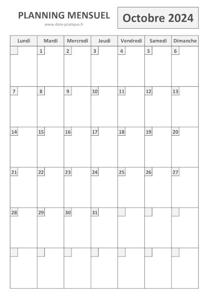 Planning pour le mois d'Octobre 2024 à imprimer au format A4 portrait.