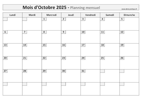Planning pour le mois d'Octobre 2025 à imprimer au format A4 paysage.
