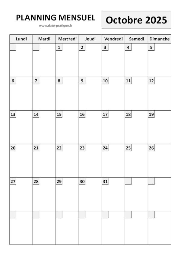 Planning pour le mois d'Octobre 2025 à imprimer au format A4 portrait.