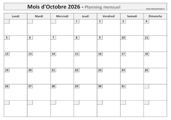 Calendrier mensuel vierge pour le mois d'Octobre 2026 à imprimer au format A4 paysage.