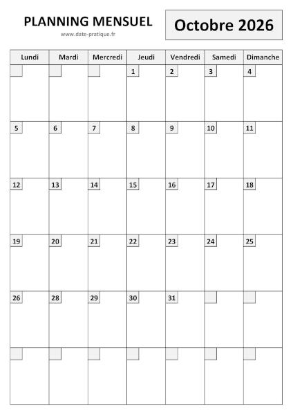 Planning Octobre 2026 à imprimer au format A4 portrait, pratique et clair.
