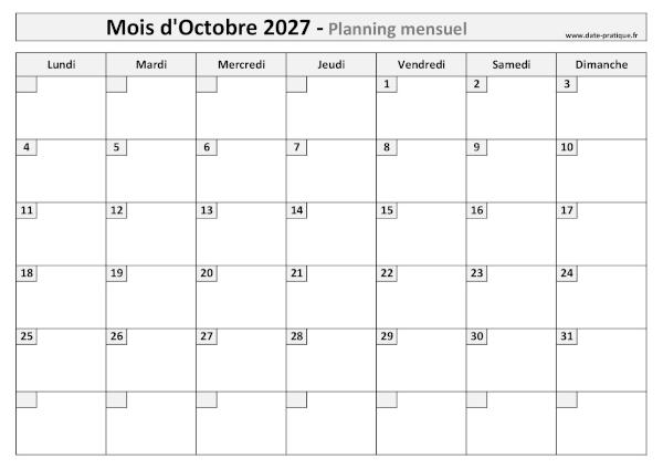 Calendrier mensuel vierge pour le mois d'Octobre 2027 à imprimer au format A4 paysage.
