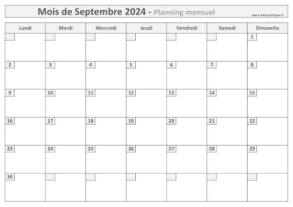 Planning pour le mois de Septembre 2024 à imprimer au format A4 paysage.