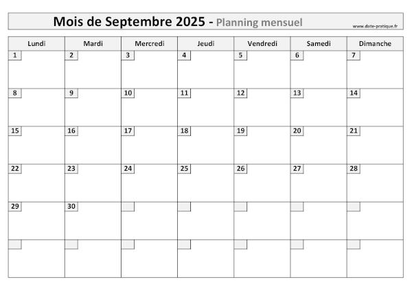 Planning Septembre 2025 à imprimer au format A4 paysage, pratique et clair.