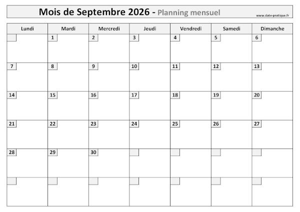 Calendrier mensuel vierge pour le mois de Septembre 2026 à imprimer au format A4 paysage.
