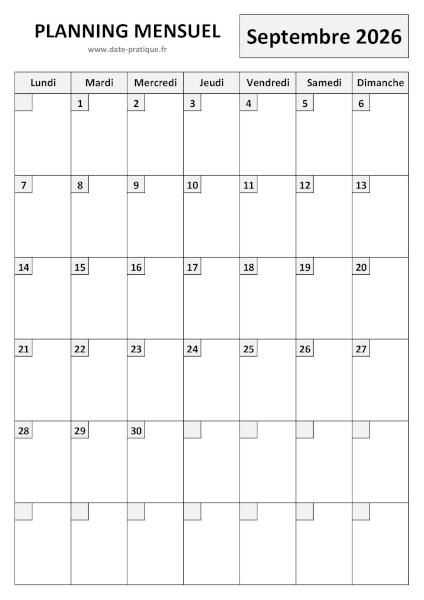 Planning Septembre 2026 à imprimer au format A4 portrait, pratique et clair.