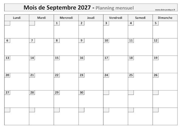 Calendrier mensuel vierge pour le mois de Septembre 2027 à imprimer au format A4 paysage.