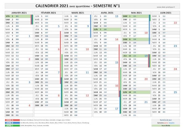 Calendrier 2021 avec quantième - Semestre N°1.