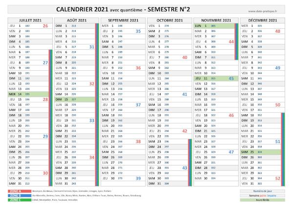 Calendrier 2021 avec quantième - Semestre N°2.