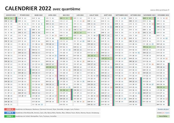 Calendrier 2022 avec quantième à imprimer.