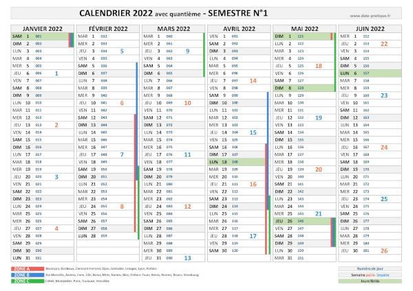 Calendrier 2022 avec quantième - Semestre N°1.