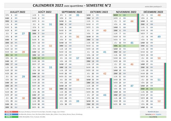 Calendrier 2022 avec quantième - Semestre N°2.