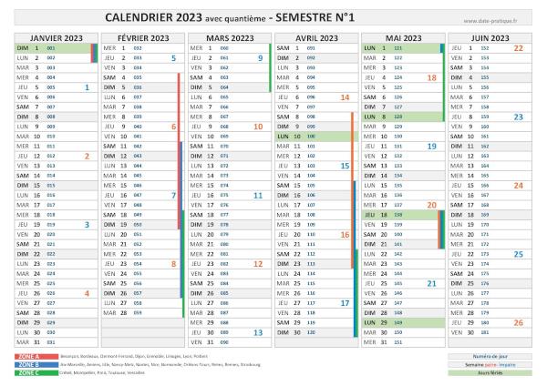 Calendrier 2023 avec quantième - Semestre N°1.