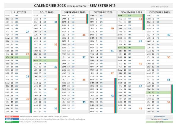 Calendrier 2023 avec quantième - Semestre N°2.