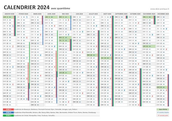 Calendrier 2024 avec quantième à imprimer.