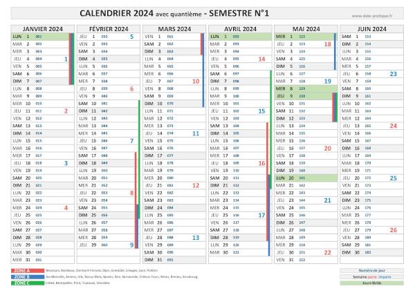 Calendrier 2024 avec quantième - Semestre N°1.