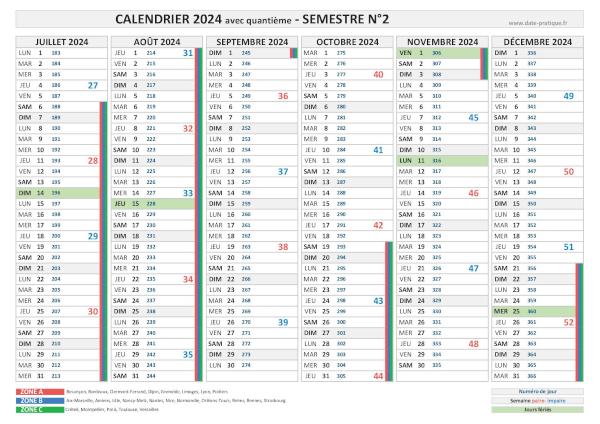 Calendrier 2024 avec quantième - Semestre N°2.