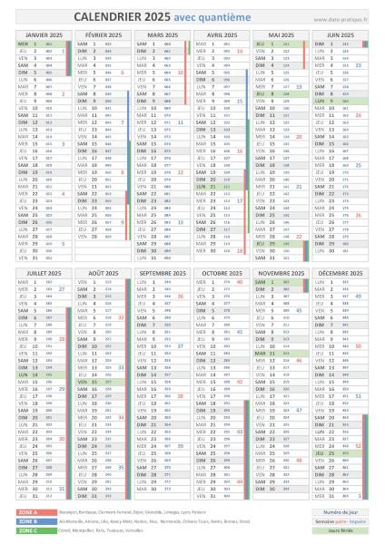 Calendrier 2025 avec quantième - Format portrait.
