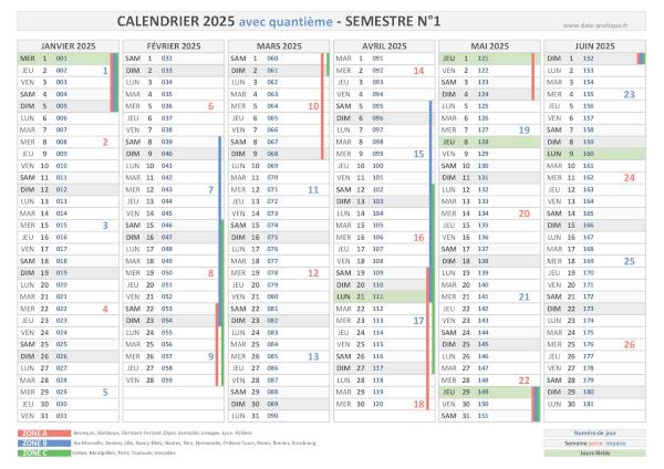 Calendrier 2025 avec quantième - Semestre N°1.