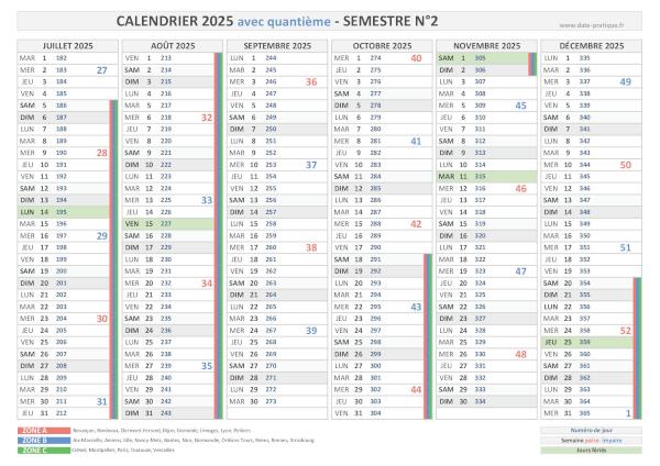 Calendrier 2025 avec quantième - Semestre N°2.