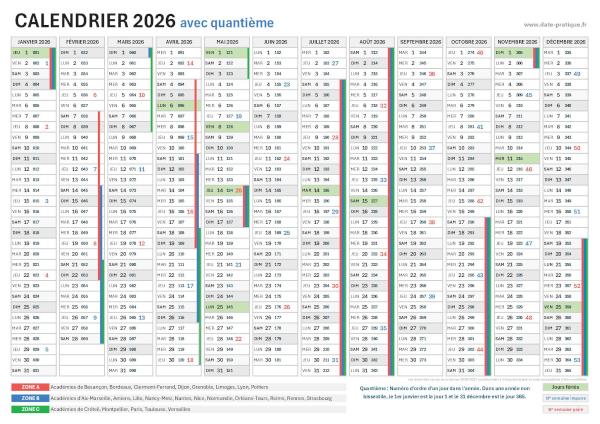 Calendrier 2026 avec quantième à imprimer.