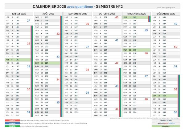 Calendrier 2026 avec quantième - Semestre N°2.