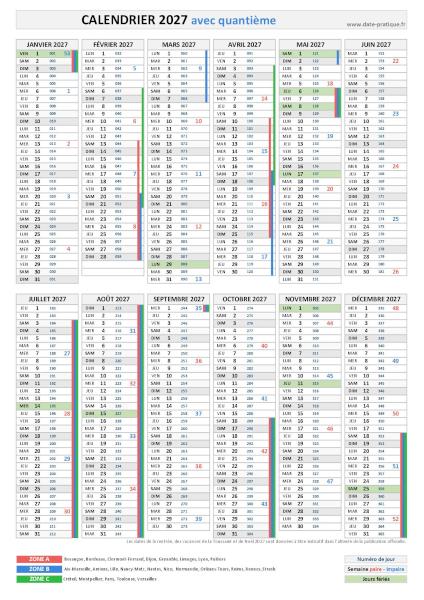 Calendrier 2027 avec quantième - Format portrait.