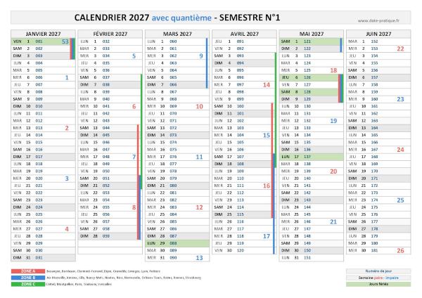 Calendrier 2027 avec quantième - Semestre N°1.