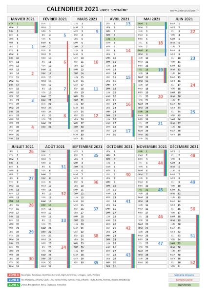 Calendrier 2021 avec semaines numérotées.